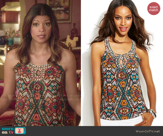 INC International Concepts Printed Embellished Keyhole Top in Tribal Stone worn by Xiomara Villanueva (Andrea Navedo) on Jane the Virgin