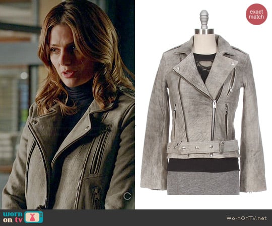 IRO Jova Mottled Leather Moto Jacket worn by Stana Katic on Castle