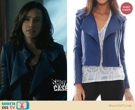 J Brand Connix Blue Leather Jacket worn by Nina Lisandrella on BATB