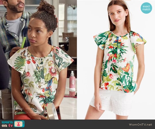 J. Crew Ruffle Sleeve Top in Ratti Into The Wild Print worn by Zoey Johnson (Yara Shahidi) on Black-ish