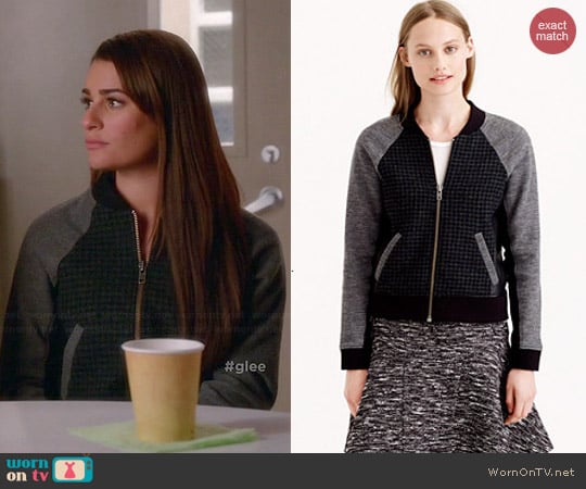 J. Crew Leather-trim Mixed Bomber Jacket worn by Rachel Berry (Lea Michele) on Glee