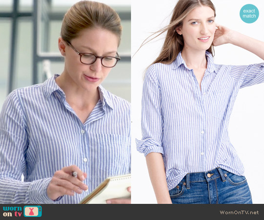 J. Crew Boy Shirt in Blue Skinny Stripe worn by Kara Danvers (Melissa Benoist) on Supergirl