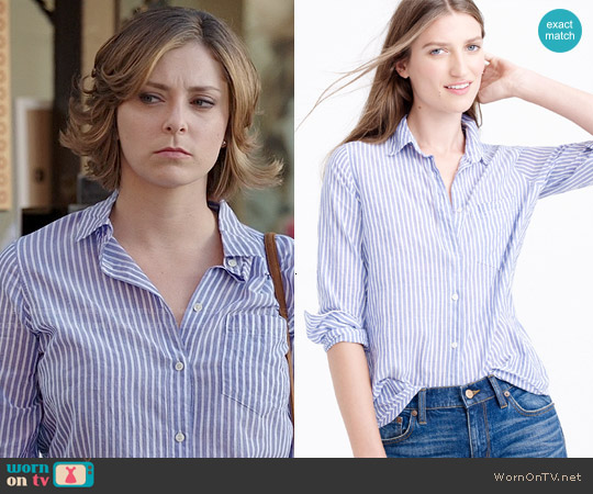 J. Crew Boy Shirt in Blue Skinny Stripe worn by Rebecca Bunch (Rachel Bloom) on Crazy Ex-Girlfriend