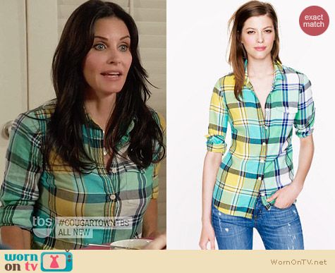 J. Crew Boy Shirt in Green Plaid worn by Courtney Cox on Cougar Town