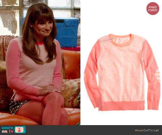 J. Crew Colorblock Zip Sweater with Heart Elbow Patches worn by Lea Michele on Glee