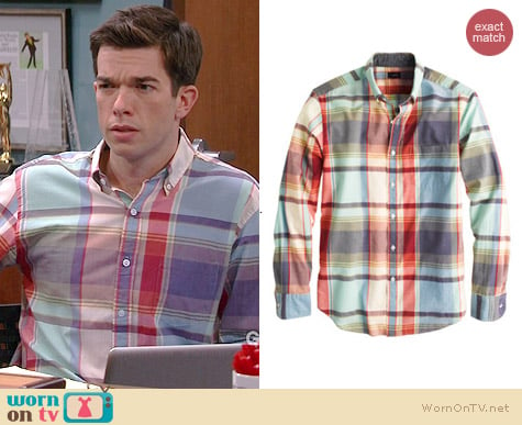 J. Crew Indian Cotton Shirt in Poppy Plaid worn by John Mulaney on Mulaney