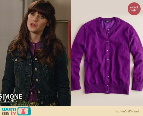 J. Crew Jackie Cardigan in Fiesta Purple worn by Zooey Deschanel on New Girl