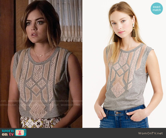 J. Crew Lace Applique Tank Top worn by Aria Montgomery (Lucy Hale) on Pretty Little Liars