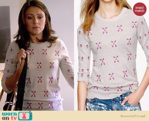 J. Crew Merino Tippi Sweater in Embroidered Flowers worn by Italia Ricci on Chasing Life