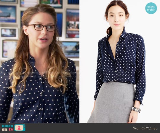 J. Crew Perfect Shirt in Foil Dot in Navy Silver worn by Kara Danvers (Melissa Benoist) on Supergirl