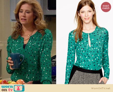 J. Crew Pleated Silk Blouse in Abstract Dot worn by Nancy Travis on Last Man Standing