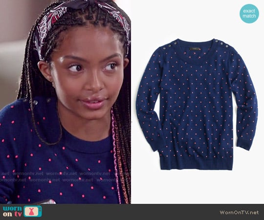 J. Crew Polka Dot Tippi Sweater in Midnight Dahlia worn by Zoey Johnson (Yara Shahidi) on Black-ish