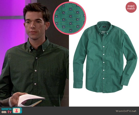 J. Crew Secret Wash Shirt in Foulard Print in Classic Pine worn by John Mulaney on Mulaney