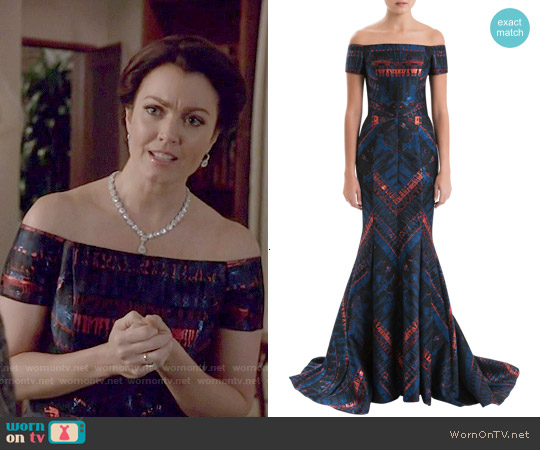 J Mendel Off The Shoulder Lurex Jacquard Gown worn by Mellie Grant (Bellamy Young) on Scandal