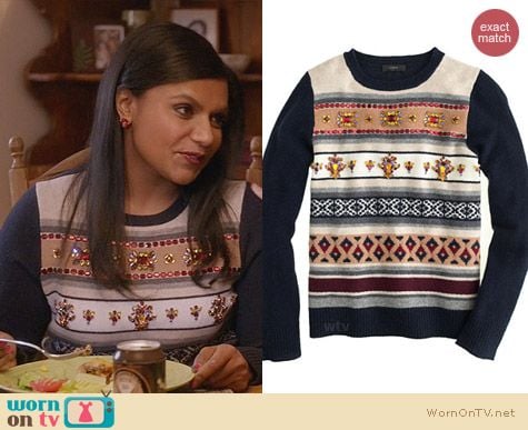 J. Crew Jeweled Fair Isle Stripe Sweater worn by Mindy Kaling on The Mindy Project