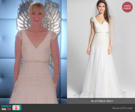 Jenny Yoo Vionnet Metallic Lace Gown worn by Heather Morris on Glee