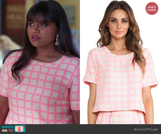 JOA Pink Checked Top worn by Mindy Kaling on The Mindy Project