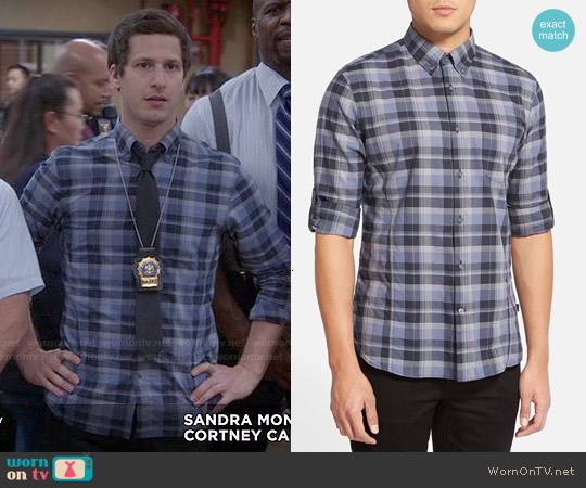 John Varvatos Plaid Sport Shirt in Office Blue worn by Jake Peralta (Andy Samberg) on Brooklyn Nine-Nine