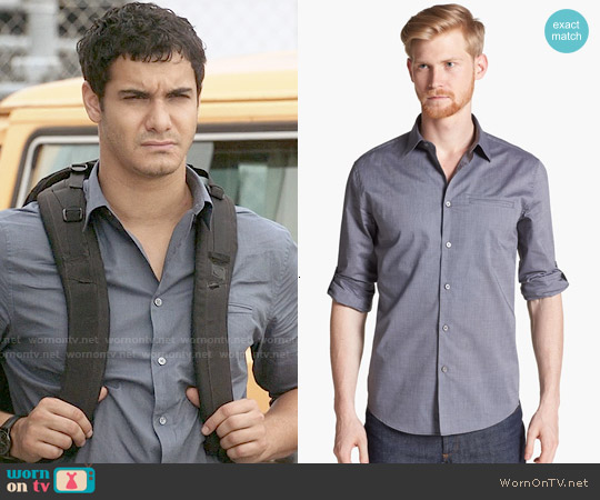 John Varvatos Collection Slim Fit Cotton Woven Sport Shirt in Thunder worn by  Walter O'Brien (Elyes Gabel) on Scorpion