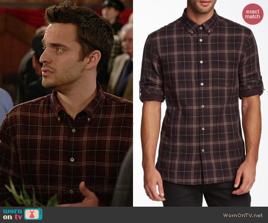 John Varvatos Roll Up Sleeve Shirt in Garnet worn by Jake Johnson on New Girl