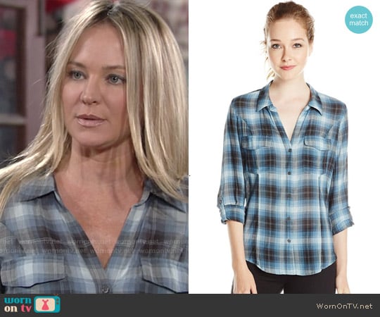 Joie Lynn Plaid Shirt in Slate Blue worn by Sharon Newman (Sharon Case) on The Young and the Restless