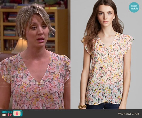 Joie Macy B Floral Blouse in Picnic Pink worn by Kaley Cuoco on The Big Bang Theory