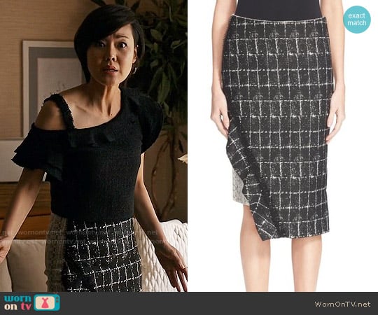 Jonathan Simkhai Asymmetrical Ruffle Pencil Skirt worn by Karen Rhodes (Yunjin Kim) on Mistresses