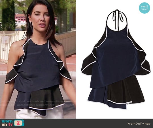 Jonathan Simkhai Draped Silk Cold-Shoulder Top worn by Steffy Forrester (Jacqueline MacInnes Wood) on The Bold and the Beautiful