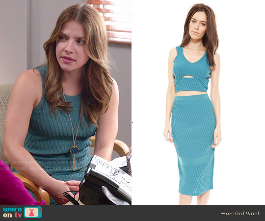 Jonathan Simkhai Teal Hex Top and Skirt worn by Audrey Pitagorski (Paige Spara) on Kevin from Work