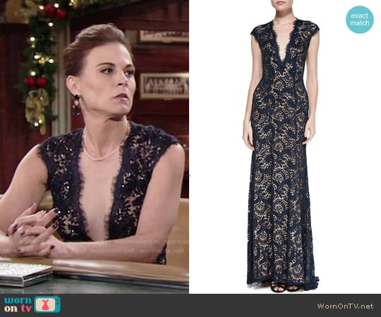 Jovani Plunge-Neck Beaded Lace Gown worn by Phyllis Newman (Gina Tognoni) on The Young and the Restless