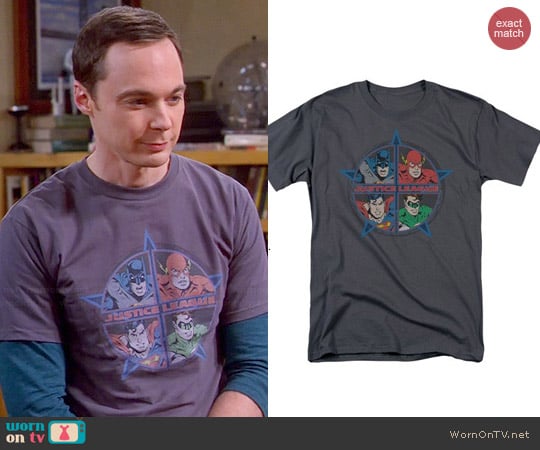 Justice League Four Heroes Men's Charcoal T-Shirt worn by Sheldon Cooper on The Big Bang Theory