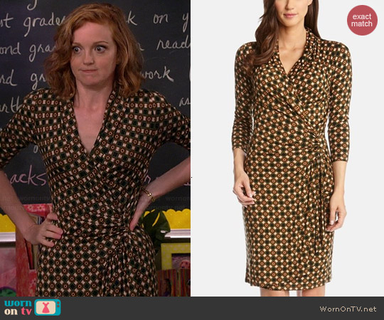 Karen Kane Medallion Print Cascade Faux Wrap Dress worn by Jayma Mays on The Millers