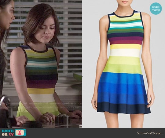 Karen Millen Rainbow Stripe Knit Dress worn by Aria Montgomery (Lucy Hale) on Pretty Little Liars