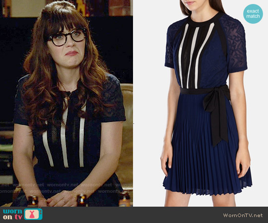 Karen Millen Graphic Lace Insert Pleat Dress worn by Jessica Day (Zooey Deschanel) on New Girl