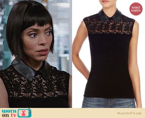 Karen Millen Lace Tshirt with Faux Leather worn by Tamara Taylor on Bones