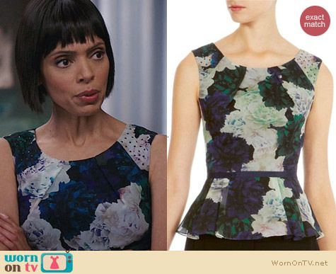 Karen Millen Rose Print Peplum Top worn by Tamara Taylor on Bones