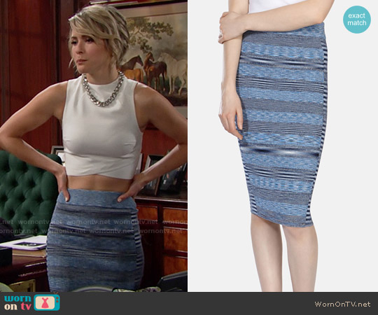 Karen Millen Space Dye Viscose Stripe Bandage Skirt worn by Caroline Spencer (Linsey Godfrey) on The Bold and the Beautiful