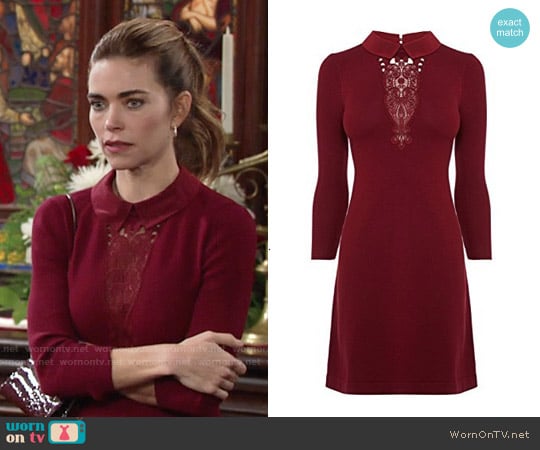 Karen Millen Signature Stretch Dress with Collar and Lace worn by Victoria Newman (Amelia Heinle) on The Young and the Restless