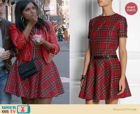 Karl Lagerfeld Penny Faux Leather Trimmed Tartan Dress worn by Mindy Kaling on The Mindy Project