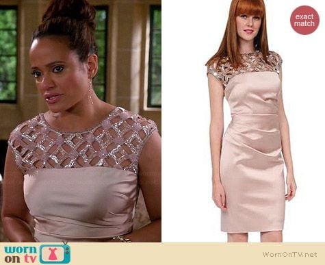 Kay Unger Sequined Lattice-Yoke Satin Sheath Dress worn by Judy Reyes on Devious Maids