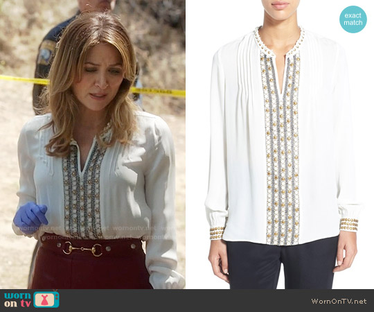 Kobi Halperin 'Ingrid' Embellished Silk Split Neck Blouse worn by Maura Isles (Sasha Alexander) on Rizzoli and Isles