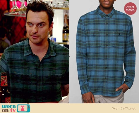 Koto UKA Overdyed Plaid Button-Down Shirt in Turquoise worn by Jake Johnson on New Girl