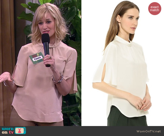 L'Agence Rolled Neck Flutter Sleeve Blouse worn by Beth Behrs on 2 Broke Girls