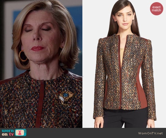 Lafayette 148 NY Yelena FAux Leather Trim Tweed Jacket worn by Christine Baranski on The Good Wife