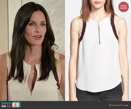 L'Agence Contrast Trim Zip Front Silk Blouse worn by Courtney Cox on Cougar Town