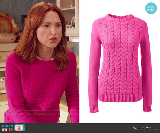 Lands End Drifter Cable Sweater in Vibrant Magenta worn by Kimmy Schmidt (Ellie Kemper) on Unbreakable Kimmy Schmidt