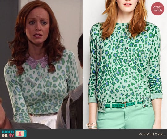 Lands End Supima Cardigan in Caspian Blue Leopard worn by Lindy Booth on The Librarians