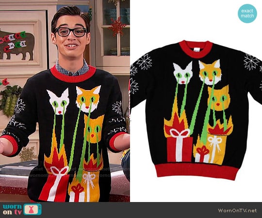 FunQi Laser Cat-Zillas Ugly Christmas Sweater worn by Joey Rooney (Joey Bragg) on Liv and Maddie