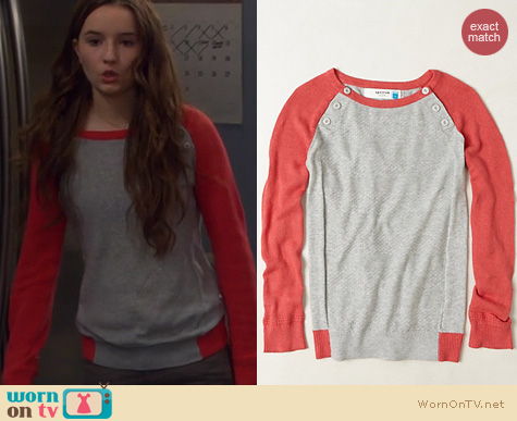 Last Man Standing Fashion: Anthropologie Knit Baseball Sweater worn by Kaitlyn Dever