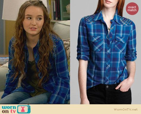 Last Man Standing Fashion: Guess Blue Plaid Studded Shirt worn by Kaitlyn Dever